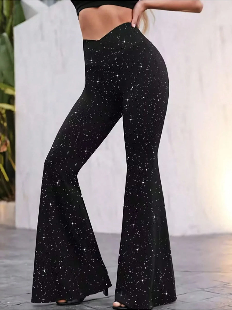 Zwarte wijde damesbroek met hoge taille en sterrenpatroon