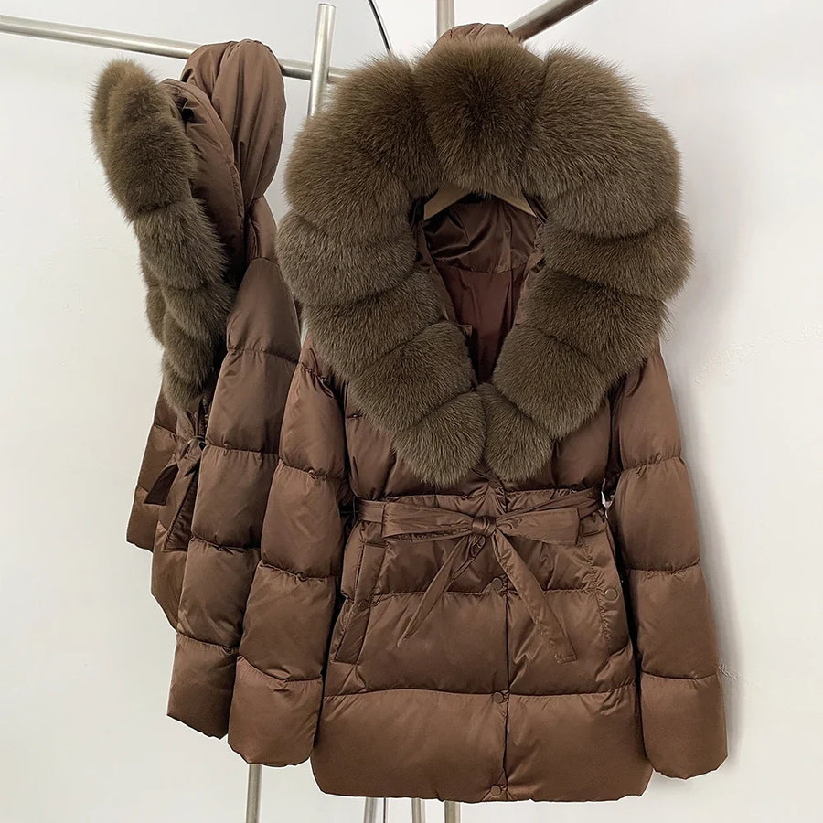 Damen Daunenjacke mit Kunstpelzkragen und Bindegürtel, warme Winterjacke