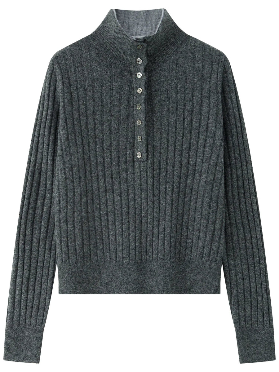 Gerippter Damen Strickpullover Grau mit Polokragen