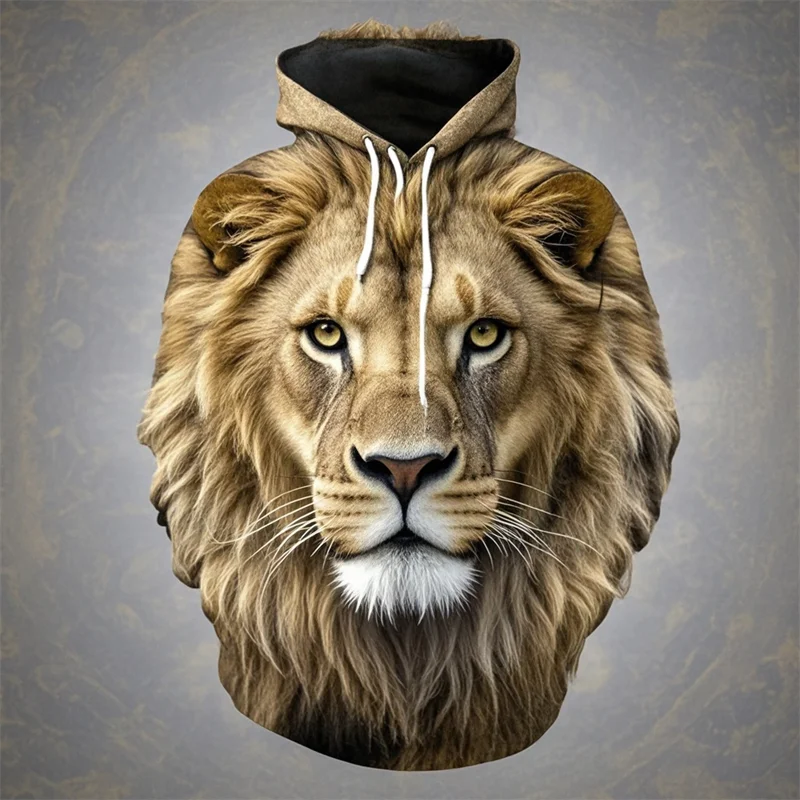 Hoodie met leeuwenkopprint, capuchon en kangoeroezak
