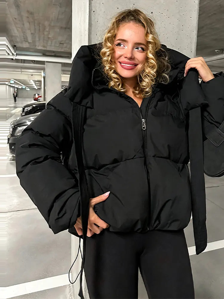 Damen Steppjacke mit Ohren-Kapuze Kurz Gefüttert
