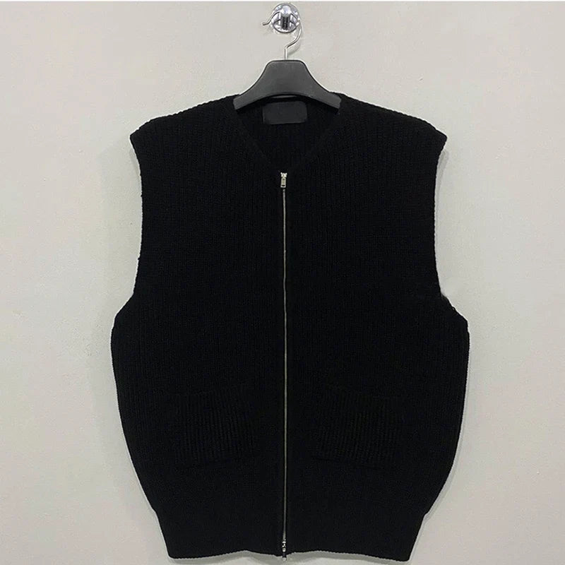 Unisex gebreid vest met ritssluiting en V-hals, mouwloos