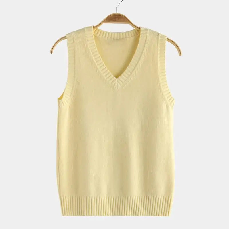 Unisex gebreid vest met V-hals - effen, zonder mouwen, met geribde zoom