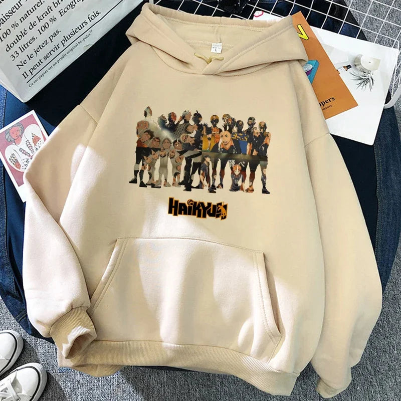 Hoodie met capuchon en anime-motief van de Karasuno Volleyball Club, beige