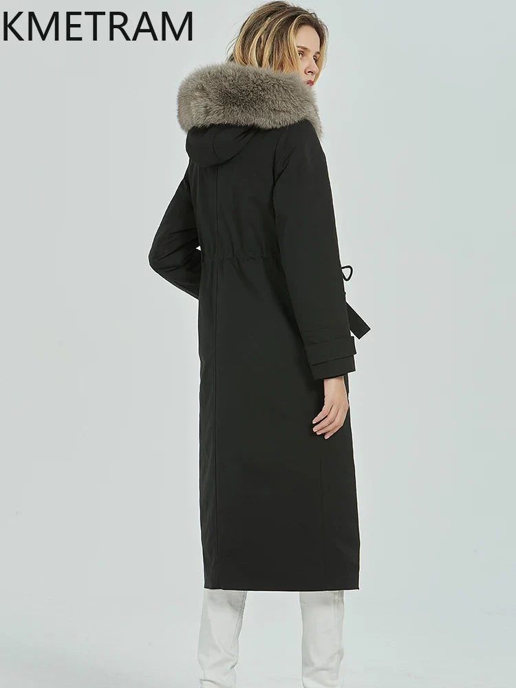 Langer Winterparka Damen Schwarz mit Kapuze und Fellimitat-Futter