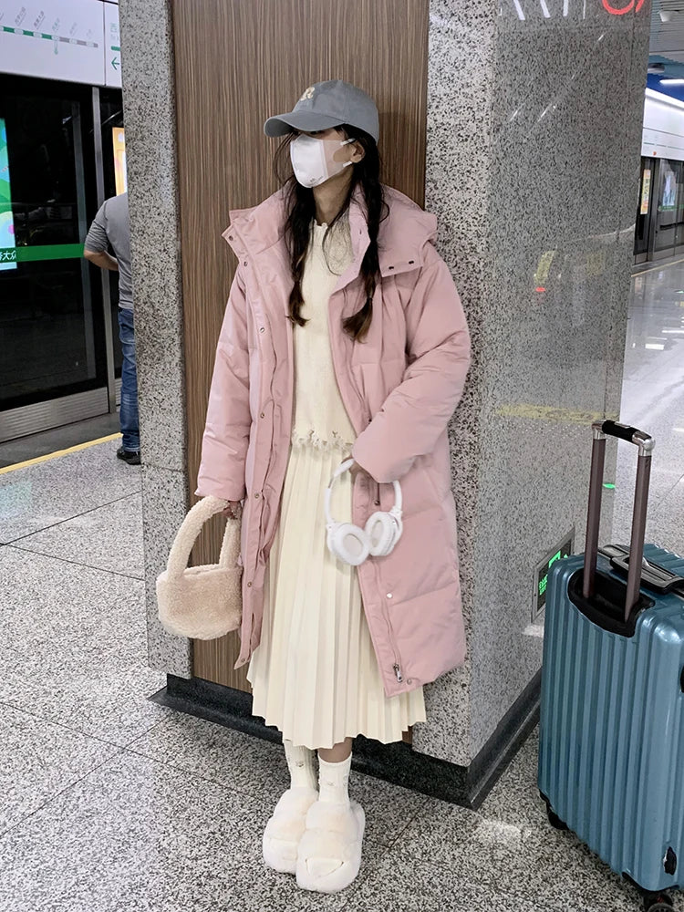 Damen Langer Steppmantel mit Kapuze Winterjacke
