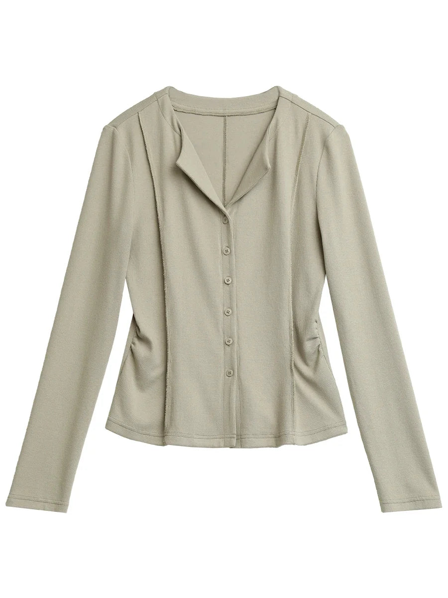 Damesblouse met lange mouwen, knopenlijst en kraag, beige