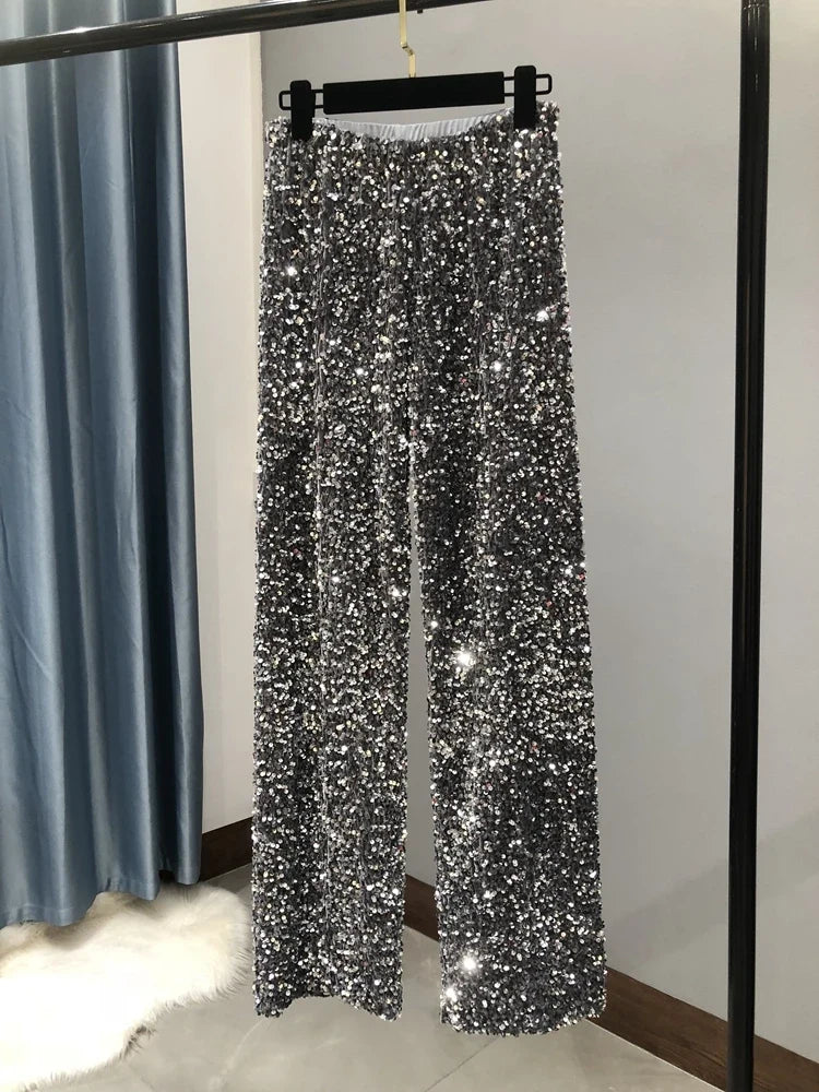 Damesbroek met wijde pijpen, glitter en pailletten, feestelijk en geschikt voor feestjes, hoge taille