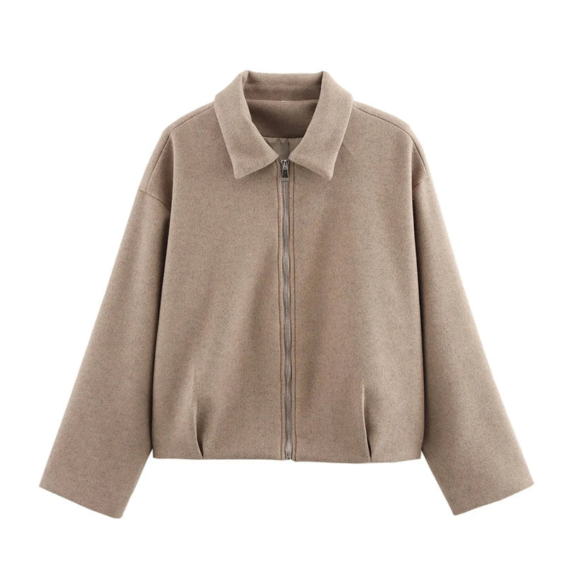 Kurze Jacke mit Reißverschluss und Kragen Damen Beige/Grau