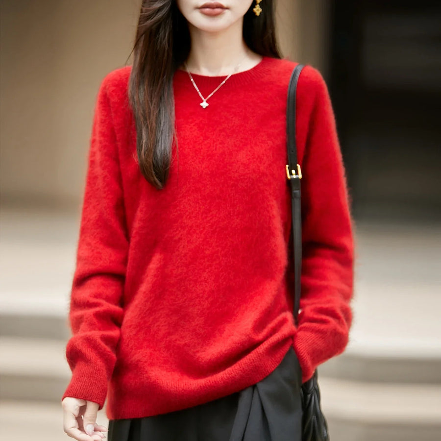 Damen Pullover mit Rundhalsausschnitt und langen Ärmeln, weiches Material