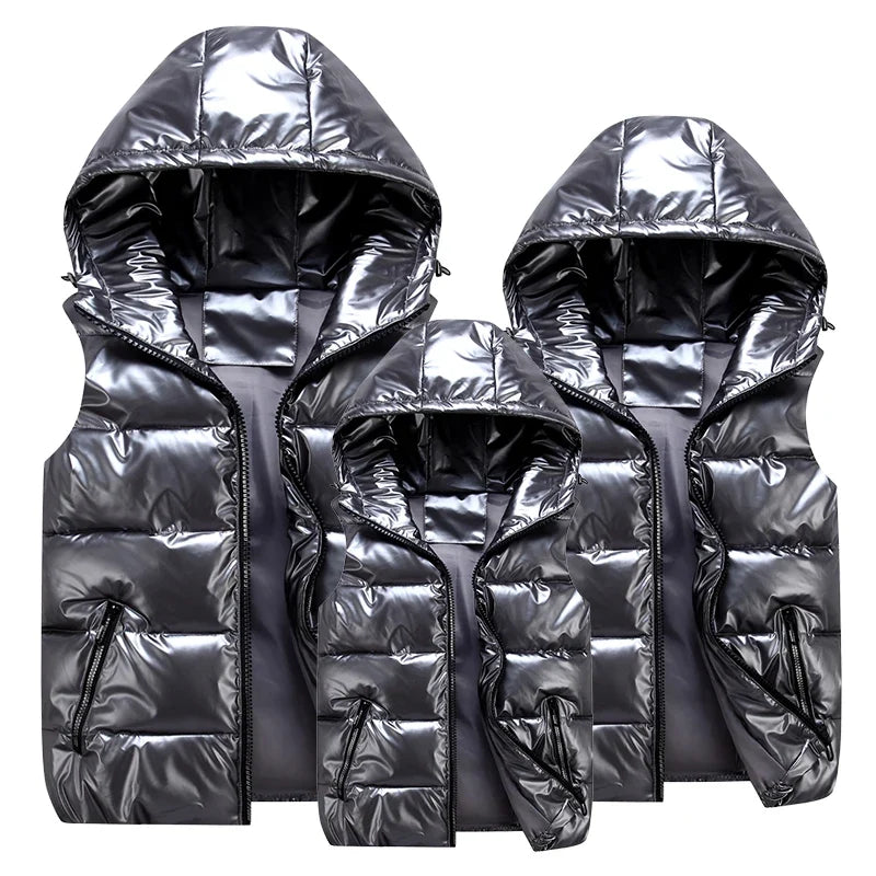 Unisex Steppweste mit Kapuze Glänzend Reißverschluss Daunenlook Freizeit Outdoor