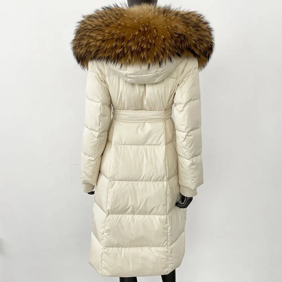 Damen Daunenmantel Lang mit Kapuze und Pelzbesatz Gürtel Steppjacke Warm