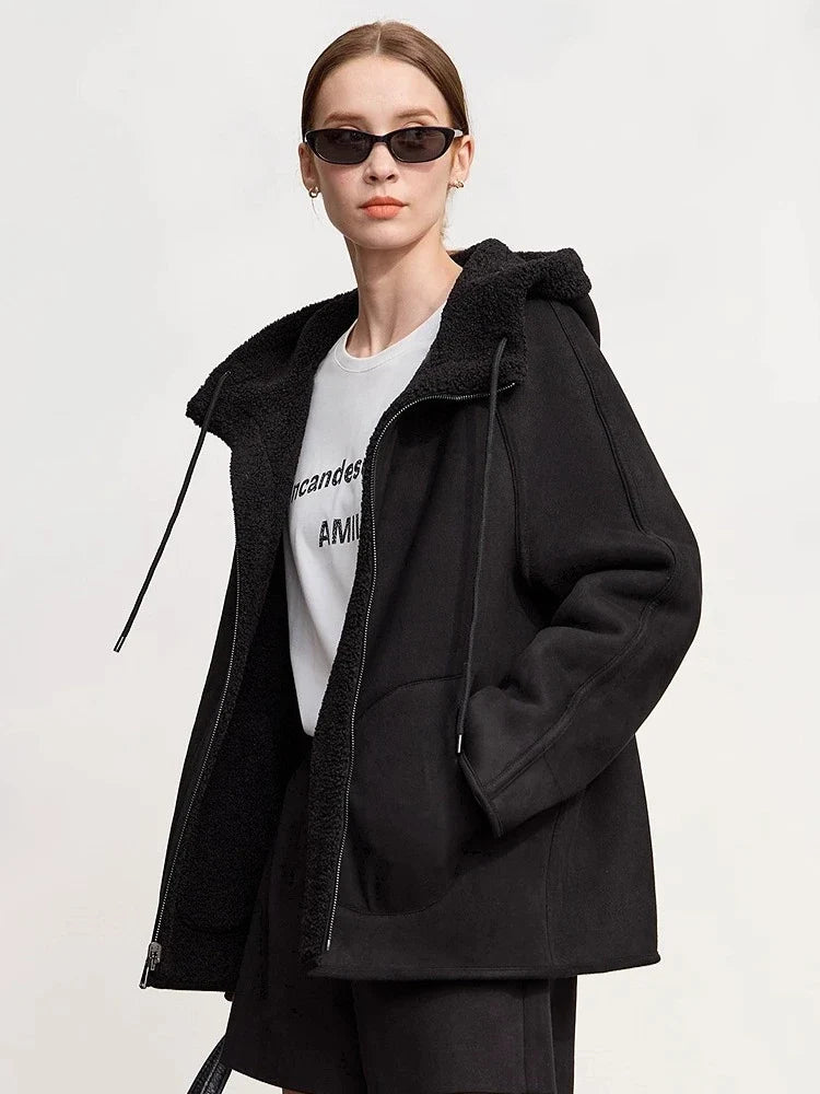 Damen Kapuzenjacke Teddyfleece Beige Übergangsjacke