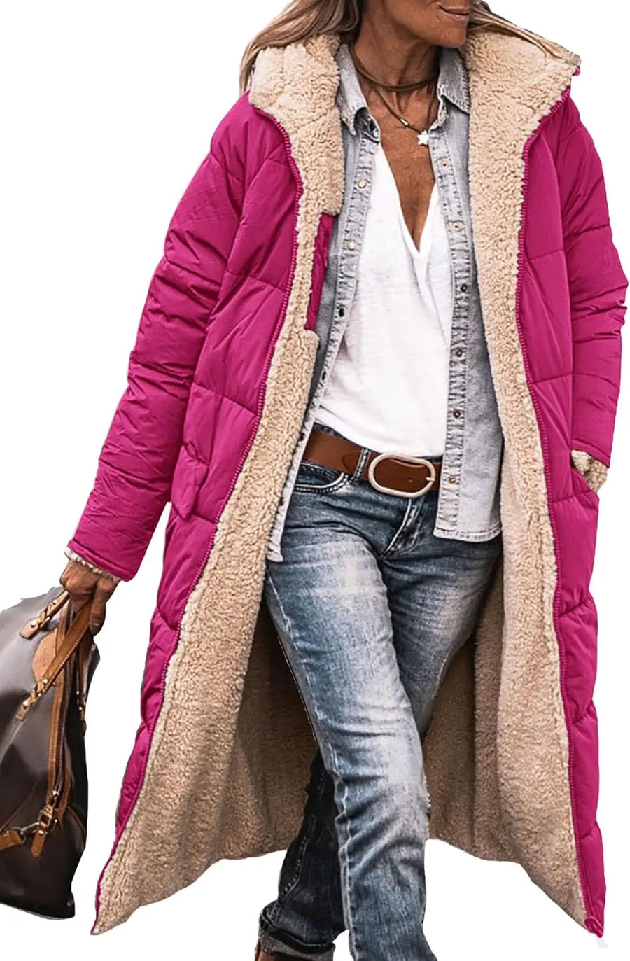 Damen Langer Steppmantel mit Teddyfutter & Kapuze