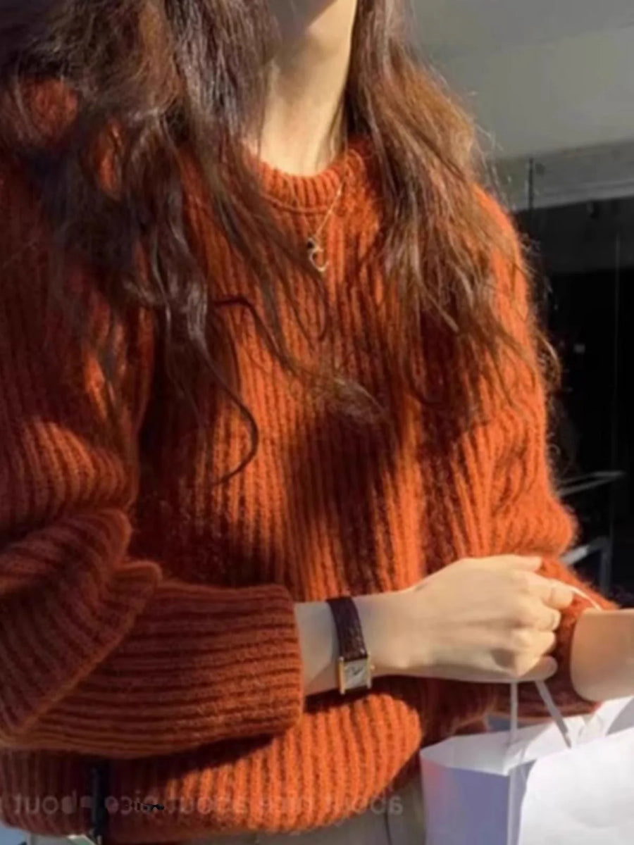 Dames geribde gebreide trui, oranje, ronde hals