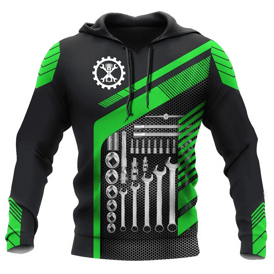 Kapuzenpullover Herren Hoodie Mechaniker-Design Motor Kolben Werkzeug Schwarz Grau