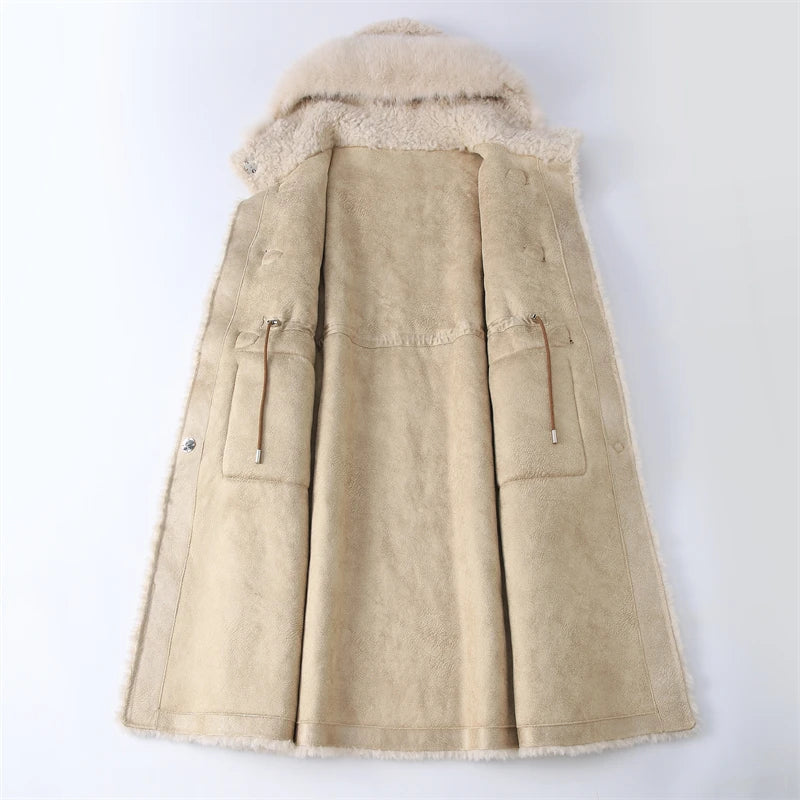 Damen Teddy-Mantel Beige mit Kapuze und Knebelverschlüssen