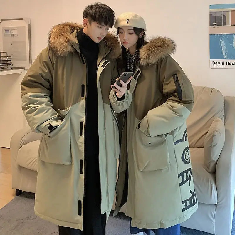 Unisex Winterparka mit Kapuze und Fellimitat-Besatz - Khaki/Beige oder Schwarz/Grau