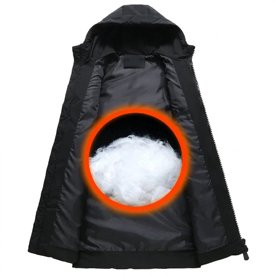 Zwarte herenwinterjas met capuchon, witte strepen en ritssluiting