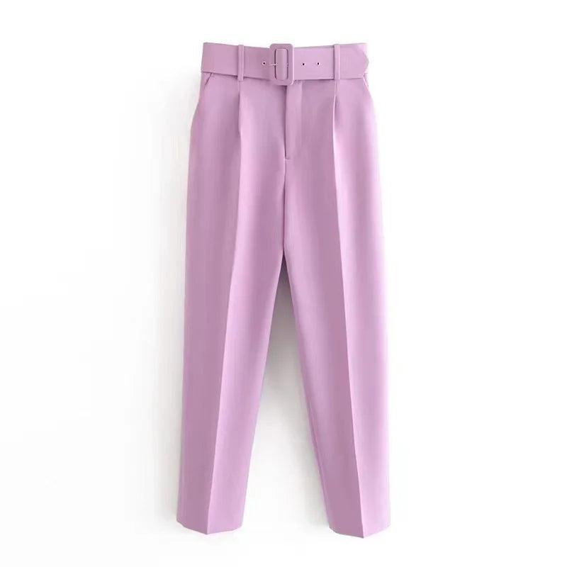 Damen Stoffhose High Waist mit Gürtel Elegante Hose mit geradem Bein