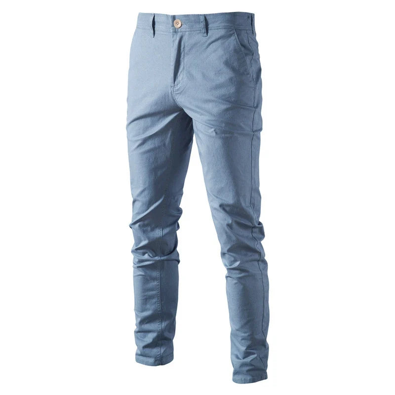Chinobroek voor heren in kaki, slim fit casual broek met knoopsluiting