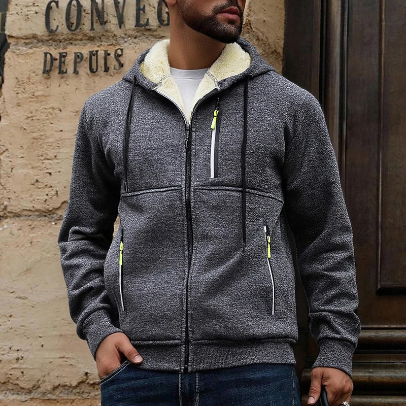 Hoodie mit Reißverschluss und Plüschfutter für Herren, warm, Schwarz