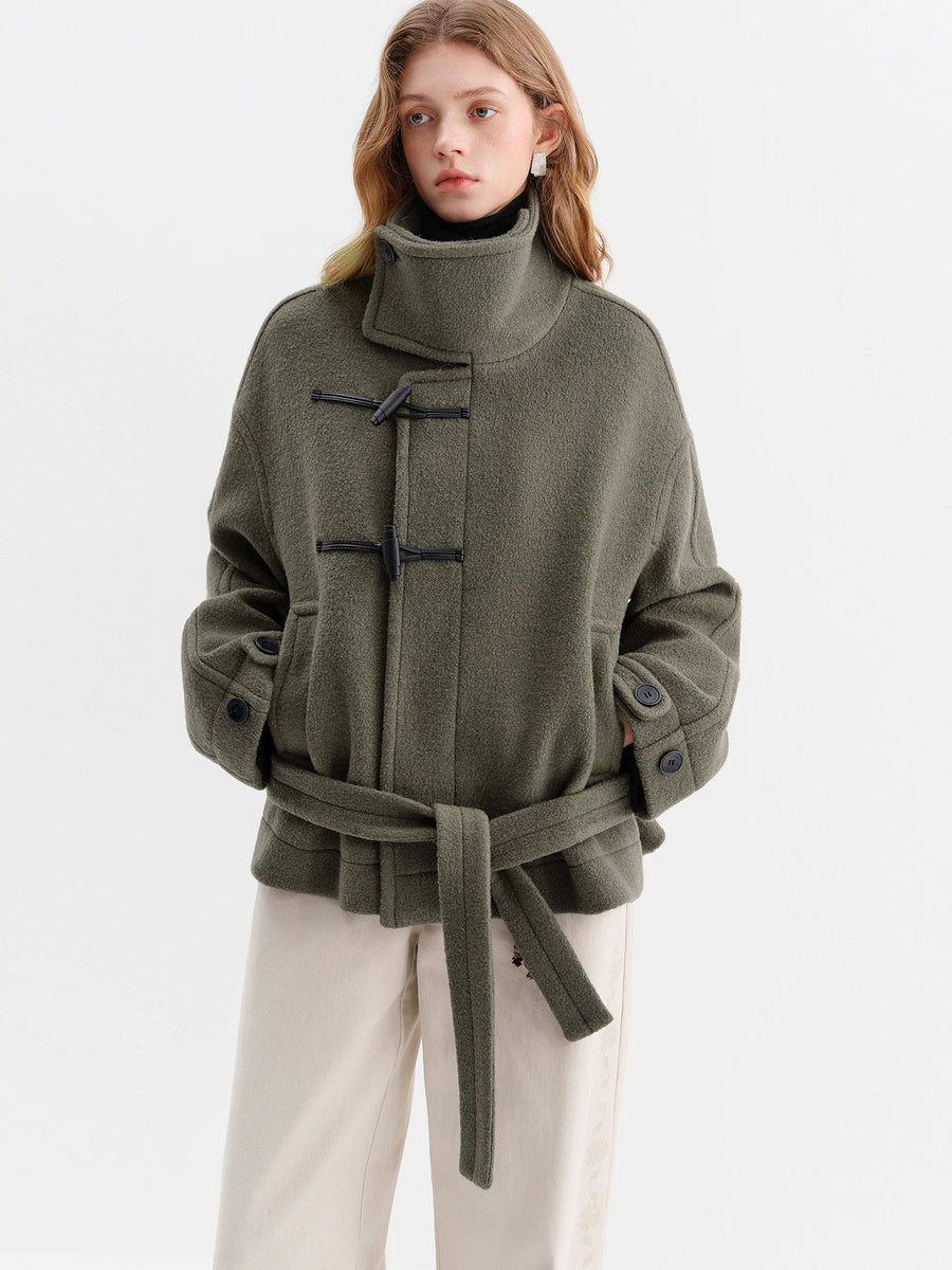 Kurzer Damen Mantel Hellblau mit Knebelverschluss & Gürtel