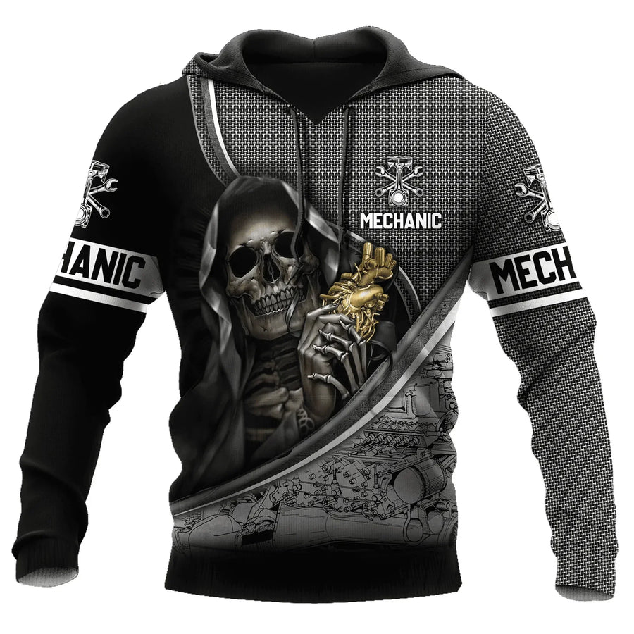 Kapuzenpullover Herren Hoodie Mechaniker-Design Motor Kolben Werkzeug Schwarz Grau