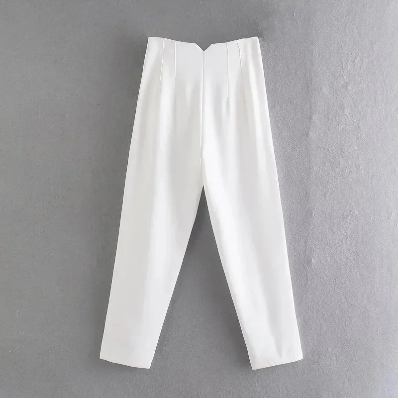 Damesbroek van stof met hoge taille in wortelmodel