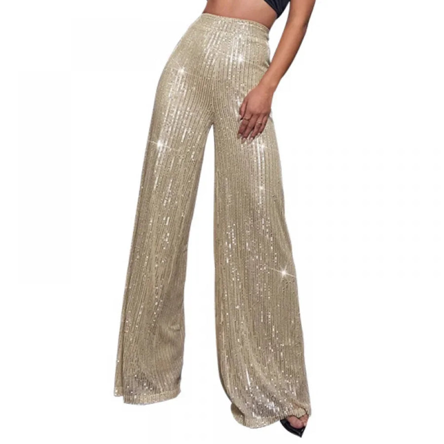 Damen Pailletten Schlaghose Hoher Bund Weites Bein Glitzernde Partyhose