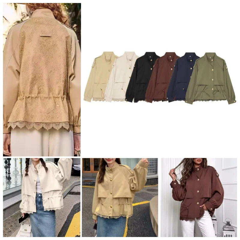 Damen Jacke Stehkragen Spitze Saum Kurz Bolero Optik