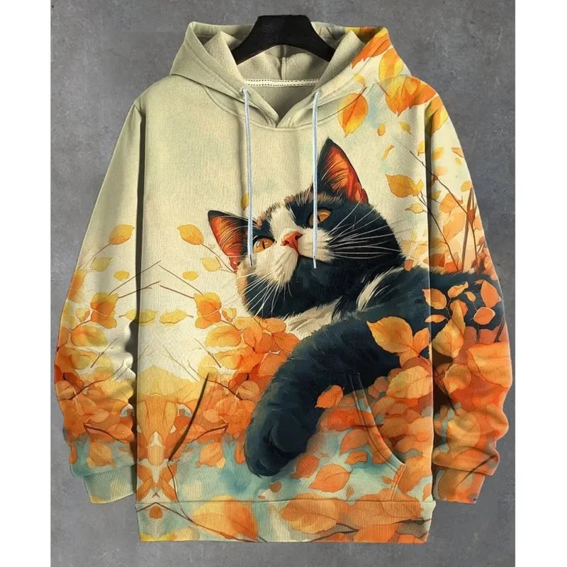 Unisexhoodie met kattenprint en kangoeroezak