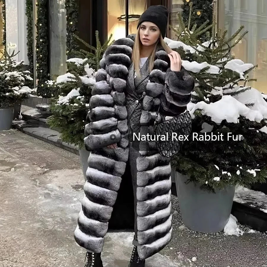Damen Faux-Pelzmantel lang gestreift Grau Schwarz Weiß Winter Warm