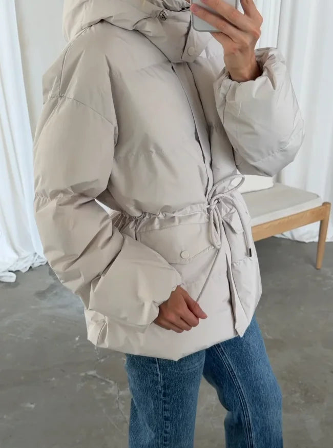 Damen Pufferjacke mit Kapuze und Taillenzugband