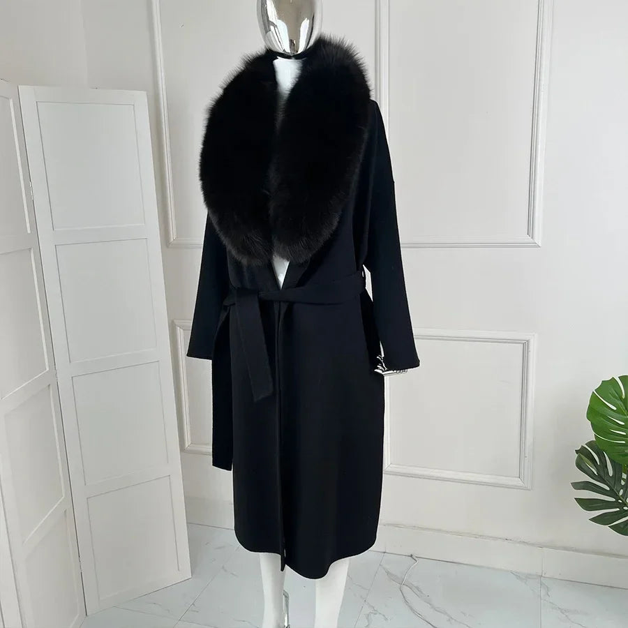 Damen Wickelmantel Schwarz mit Fellkragen Elegant