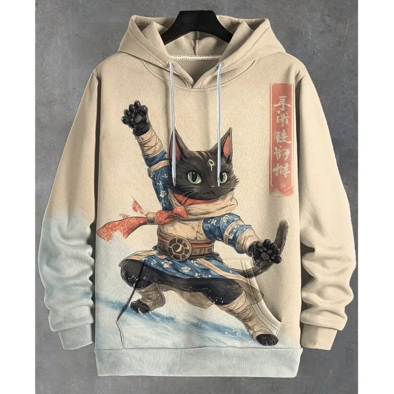 Unisexhoodie met kattenprint en kangoeroezak