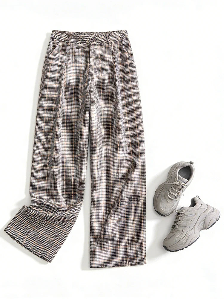 Geruite wide-leg broek voor dames met plooien, beige en bruin