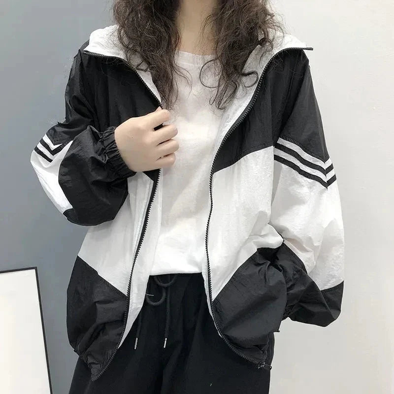 Leichte Kapuzenjacke Zweifarbig Windjacke Damen