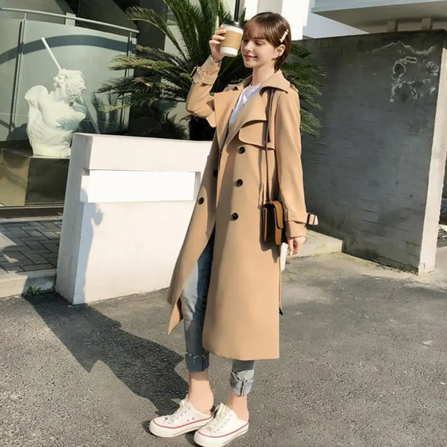Damen Trenchcoat Lang Zweireihig mit Gürtel Beige