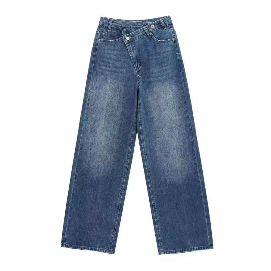Damen Jeans weites Bein Überlappendes Taillendesign