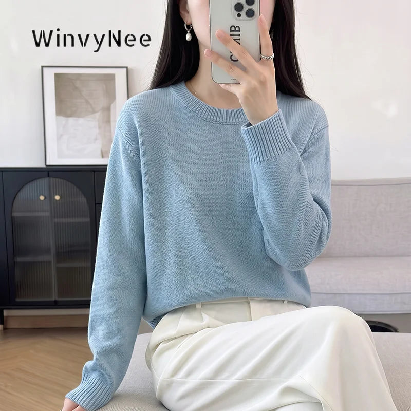 Damen Rundhals Strickpullover Langarm Feinstrick