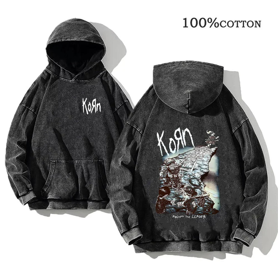 Korn Band Hoodie Unisex Washed Schwarz Kapuzenpullover Oversize