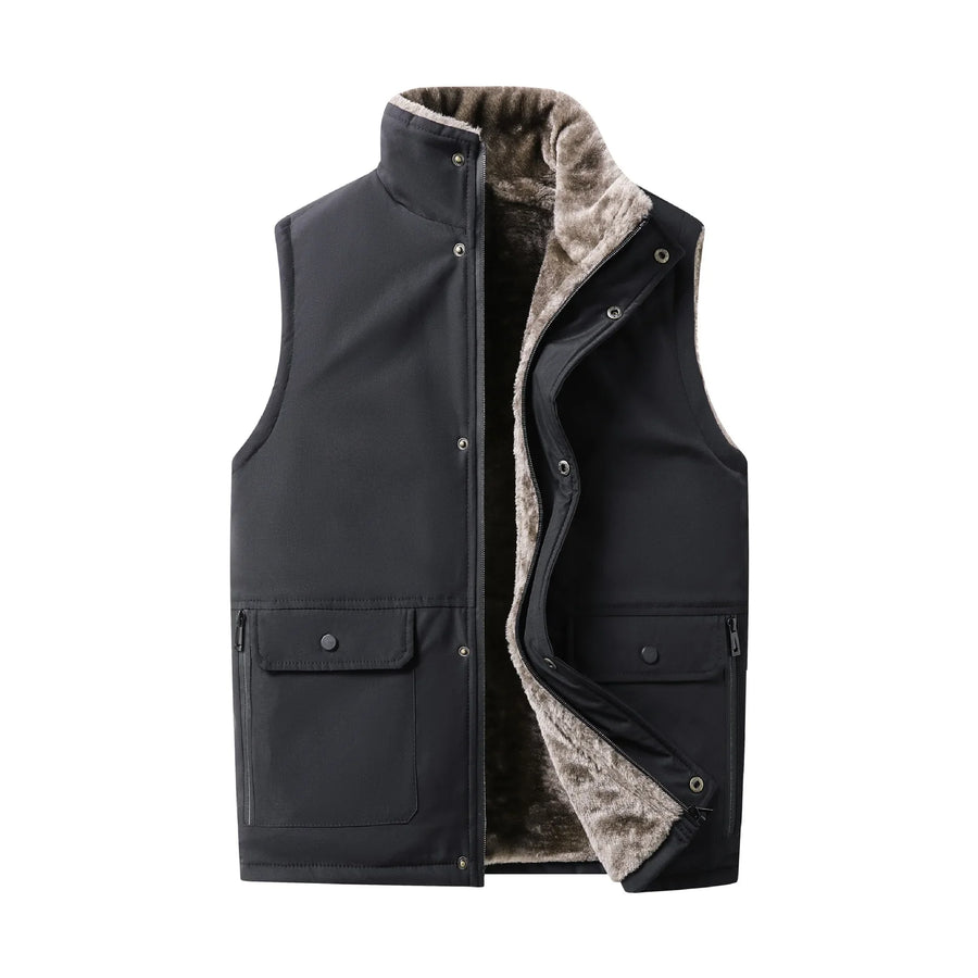Herenbodywarmer met pluche voering, knoopsluiting en V-hals, olijfgroen