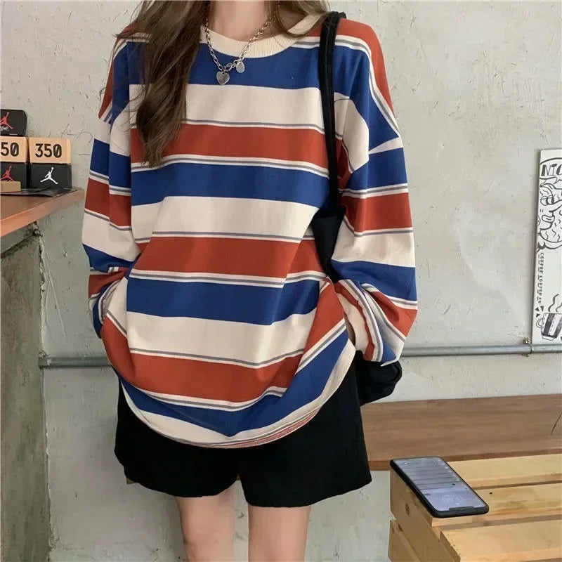 Gestreept damesshirt met lange mouwen, oversized, ronde hals, casual top