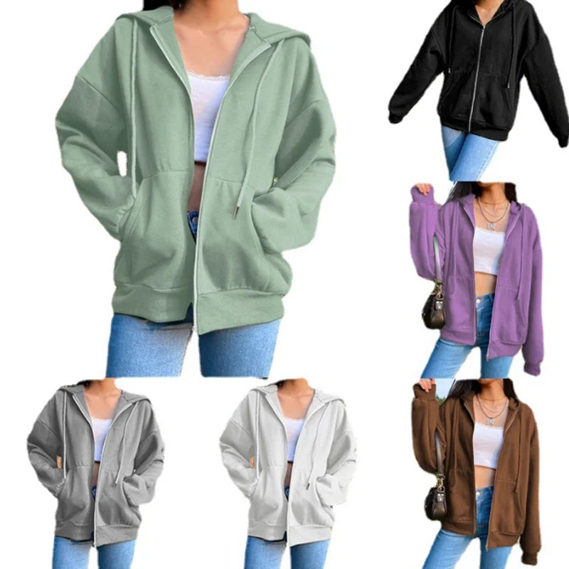 Damen Hoodie Jacke mit Reißverschluss Kapuze und Kängurutaschen, Oversize Schnitt