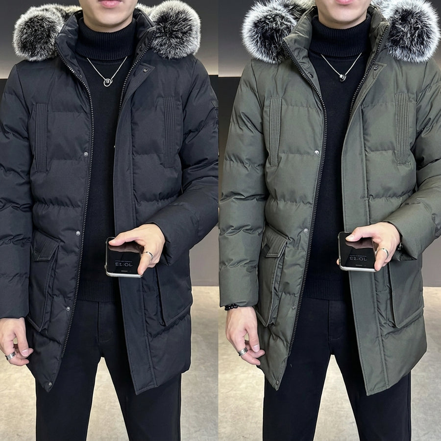 Herenwinterparka met capuchon en imitatiebontafwerking, gewatteerde jas voor koude dagen