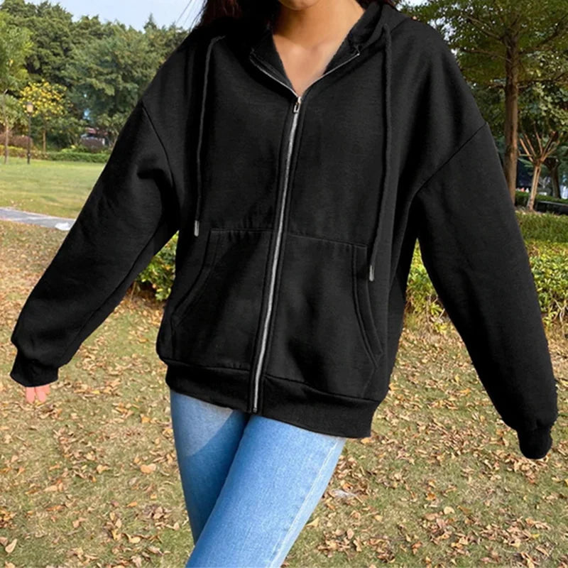 Damen Hoodie Jacke mit Reißverschluss Kapuze und Kängurutaschen, Oversize Schnitt