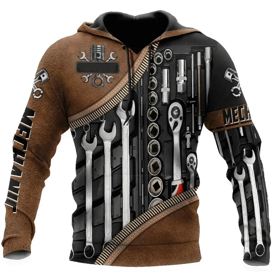 Kapuzenpullover Herren Hoodie Mechaniker-Design Motor Kolben Werkzeug Schwarz Grau