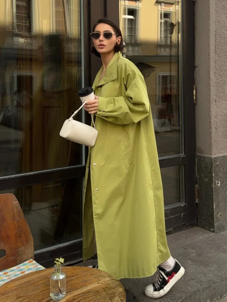 Damen Langer Mantel Übergangs Trenchcoat Stehkragen Weite Ärmel