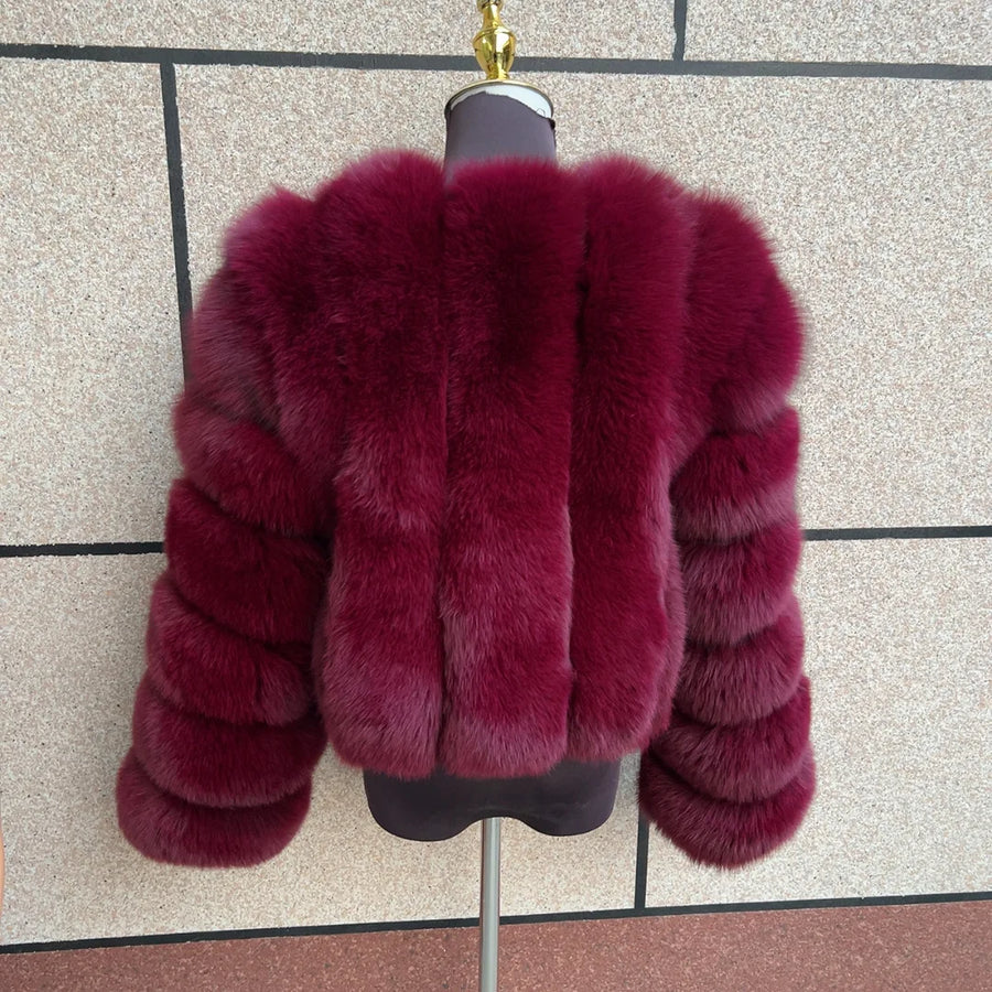 Kurze Damen Kunstpelzjacke mit langen Ärmeln und V-Ausschnitt, mehrfarbig